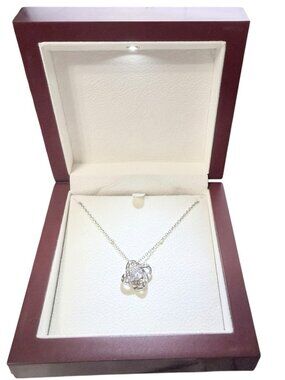 Giftable Faux Diamond Necklace 17 Inch Silvertone Chain Lighted Wood Tone Box